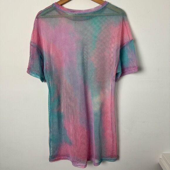 Pastel Rainbow Pink Blue Fishnet Mesh Swim Cover Up and Festival Dress One Size - Picture 13 of 13